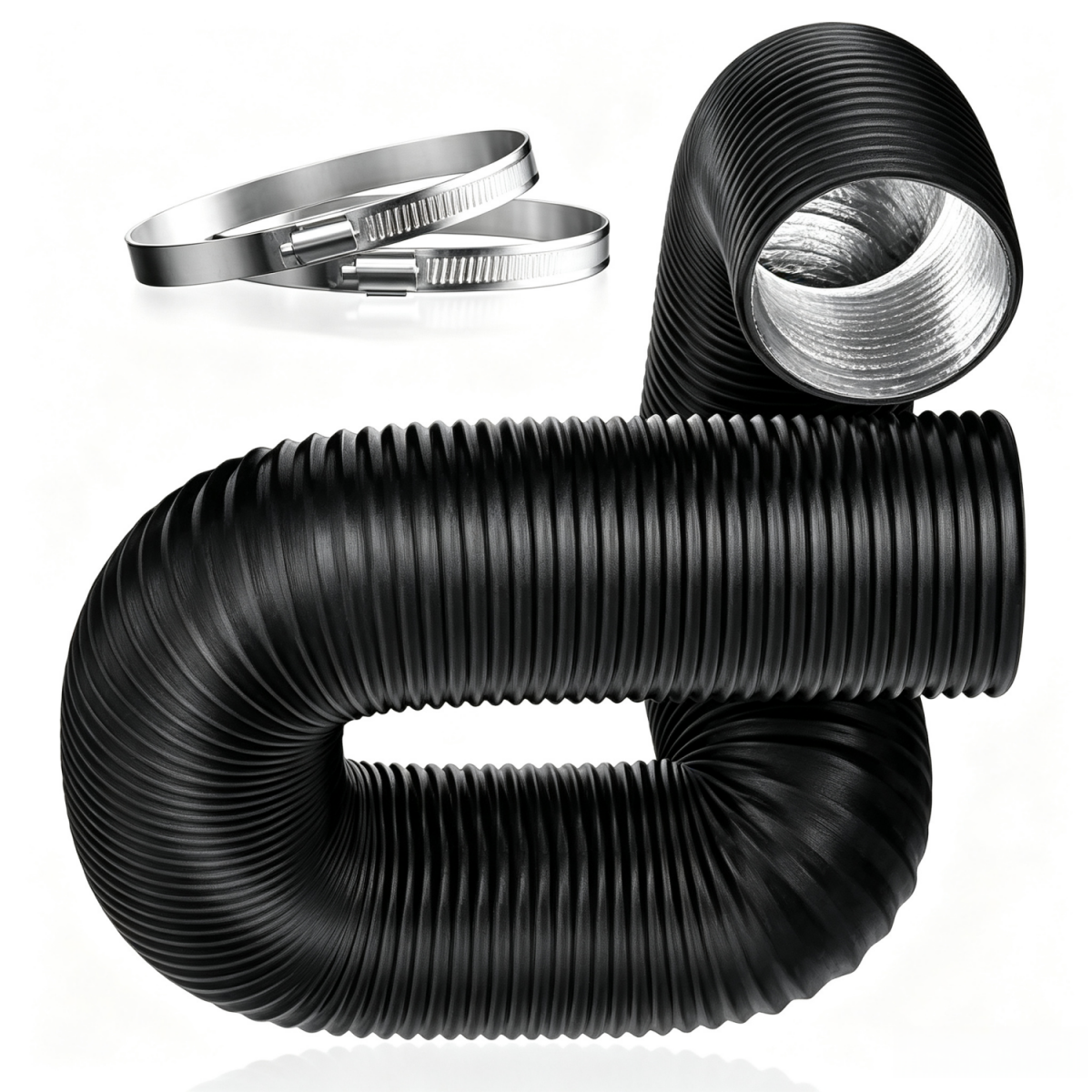 4/6/8 Inch Black Non-Insulated Flex Air Aluminum Ducting, With Two Stainless Steel Clamps