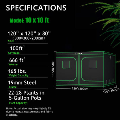 Grow Tent 10x10, 22-28 Plants Use, 600D Light-proof Oxford, 120″ x 120″ x 80″, For Indoor Plants Growing
