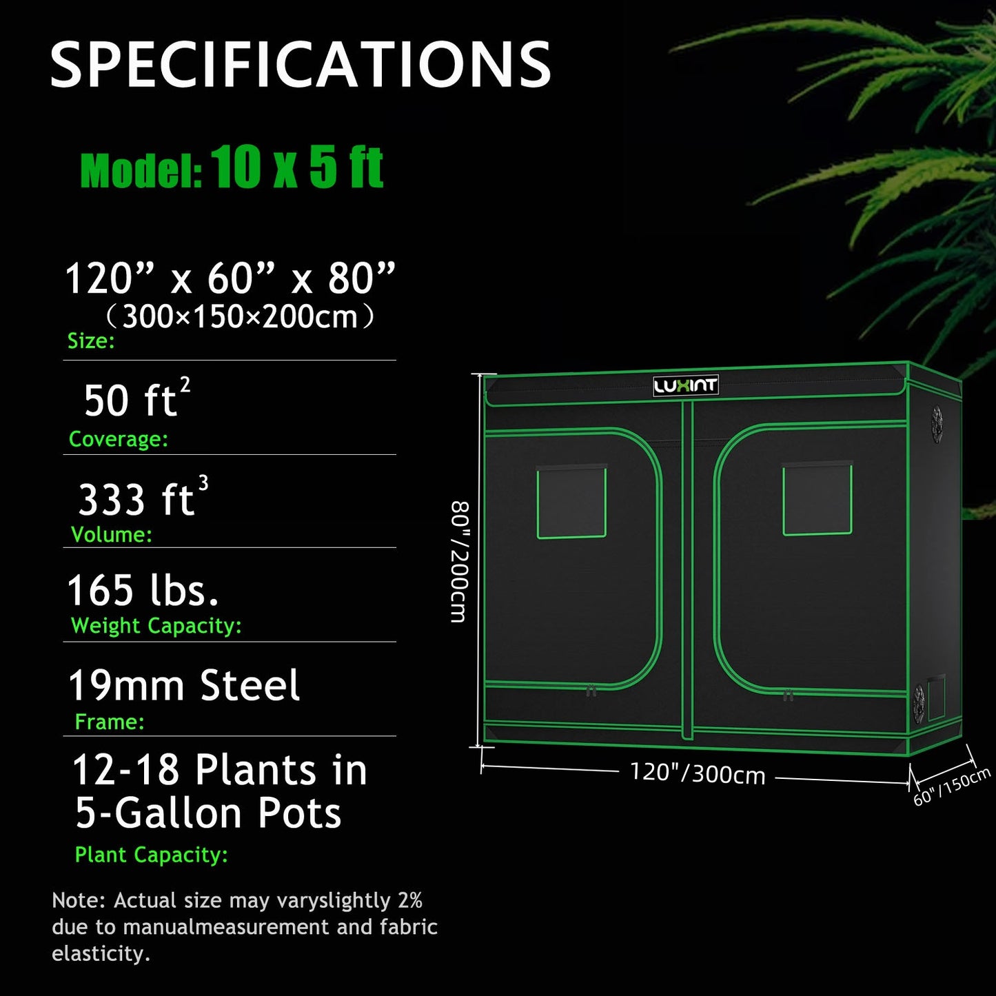 Grow Tent 10x5, 12-18 Plants Use, 600D Light-proof Oxford, 120″ x 60″ x 80″, For Indoor Plants Growing