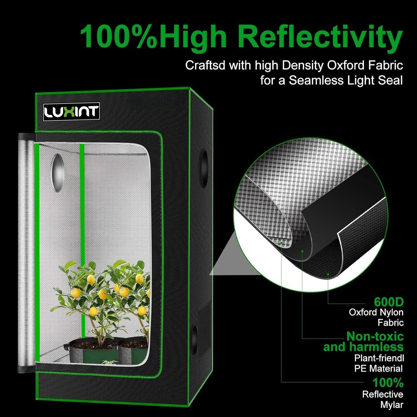Grow Tent 2x2, 1-2 Plants Use, 600D Light-proof Oxford, 24″ x 24″ x 56″, For Indoor Plants Growing