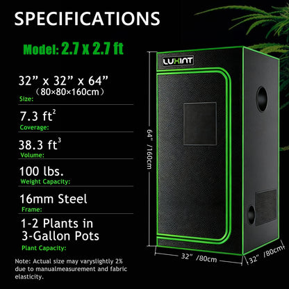 Grow Tent 2.7x2.7, 1-2 Plants Use, 600D Light-proof Oxford, 32″ x 32″ x 64″, For Indoor Plants Growing