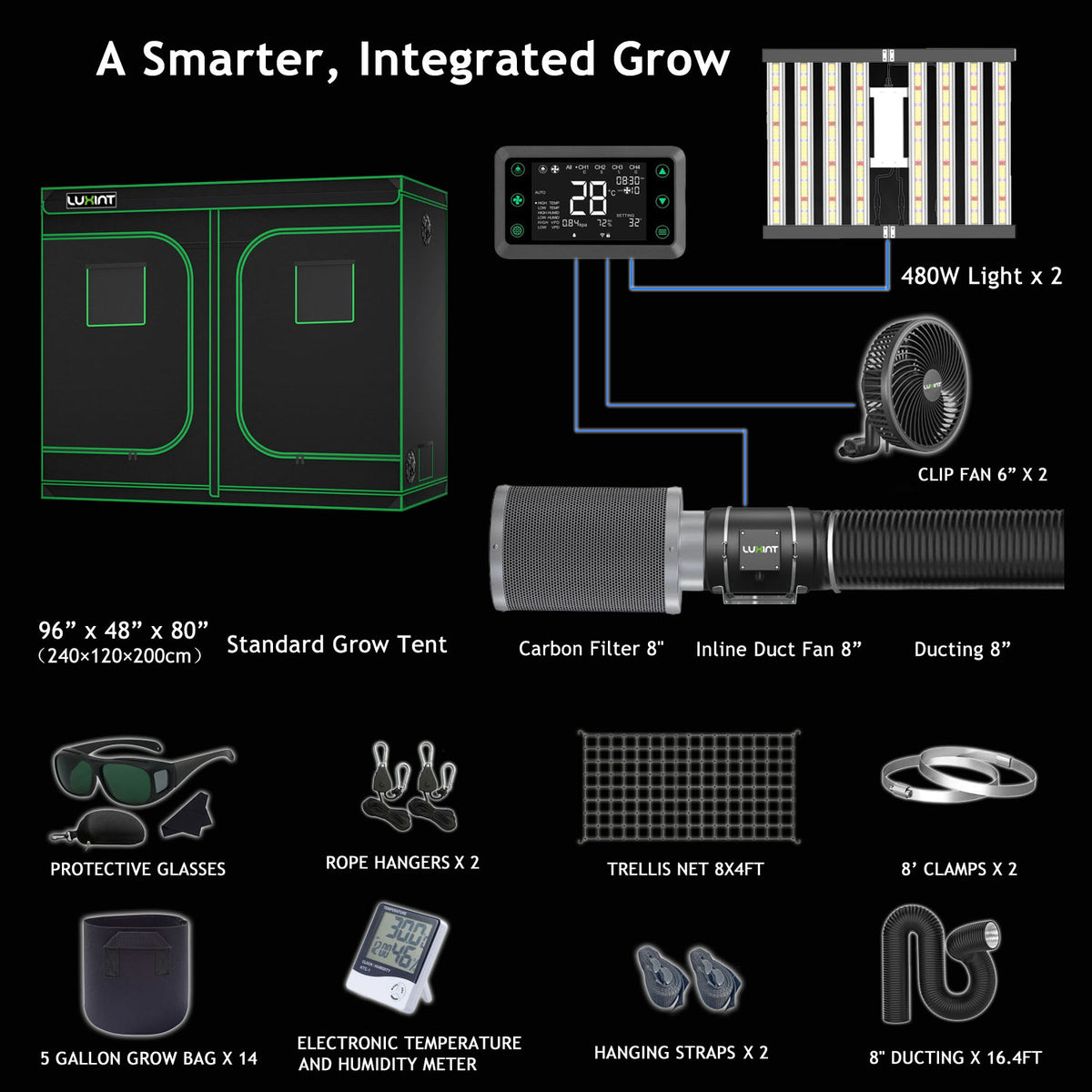 LUXINT 8x4 Complete Grow Tent Kit – 2x480W LED, Smart Controller, 8" Ventilation System