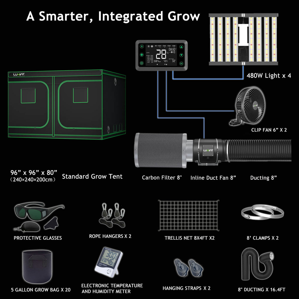 LUXINT 8x8 Complete Grow Tent Kit – 4x480W LED, Smart Controller, 8" Ventilation System