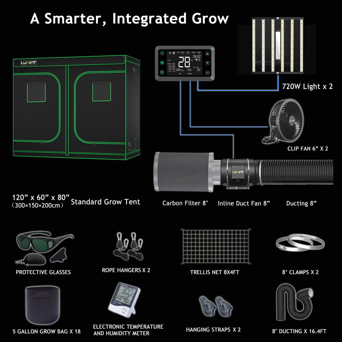 LUXINT 10x5 Complete Grow Tent Kit – 2x720W LED, Smart Controller, 8" Ventilation System