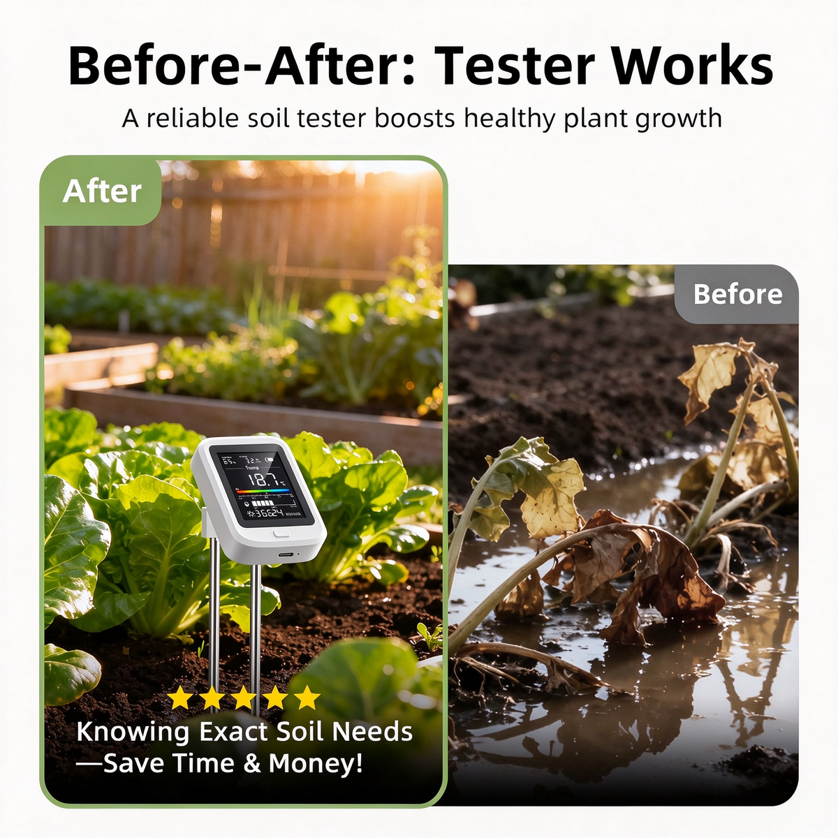 6-in-1 Digital Soil pH Tester Type C Rechargeable Moisture Light Temp Fertility Meter for Plants & Garden Monitoring
