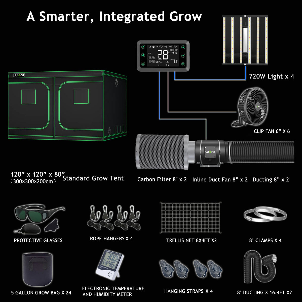 LUXINT 10x10 Complete Grow Tent Kit – 4x720W LED, Smart Controller, 8" Ventilation System
