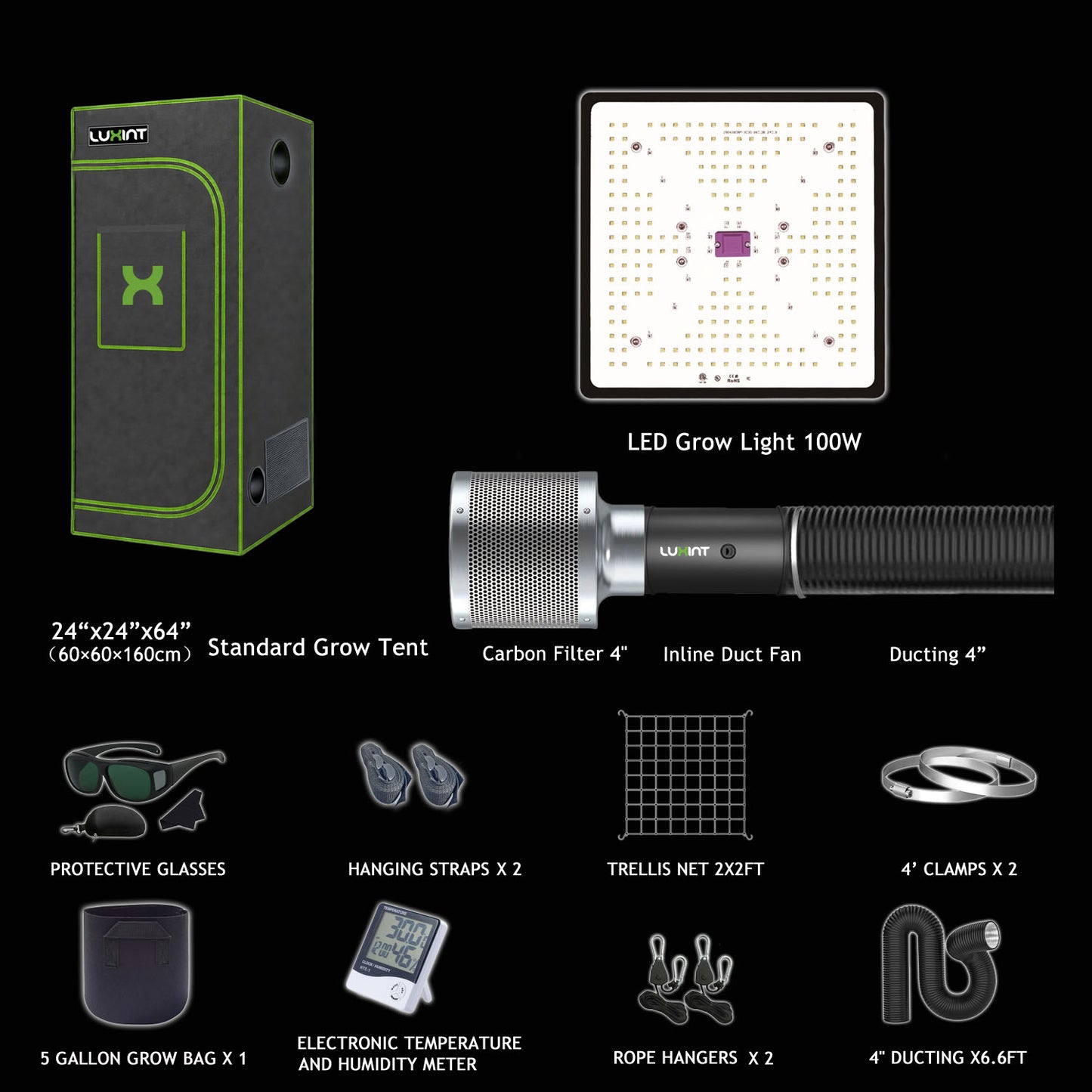Starter Grow Tent Kit For Beginners, 2×2ft 1-2 Plant System -100W Grow Light, 4" Inline Fan & Carbon Filter & Grow Tools