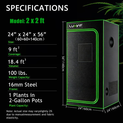 Grow Tent 2x2, 1-2 Plants Use, 600D Light-proof Oxford, 24″ x 24″ x 56″, For Indoor Plants Growing