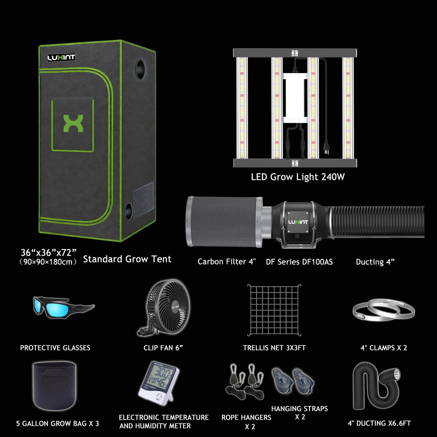 LUXINT 3x3 Starter Grow Tent Kit – 240W LED, 4" Inline Fan & Carbon Filter for Beginners