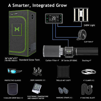 LUXINT 3x3 Smart Grow Tent Kit – 240W LED, WiFi Controller, Ventilation System Included