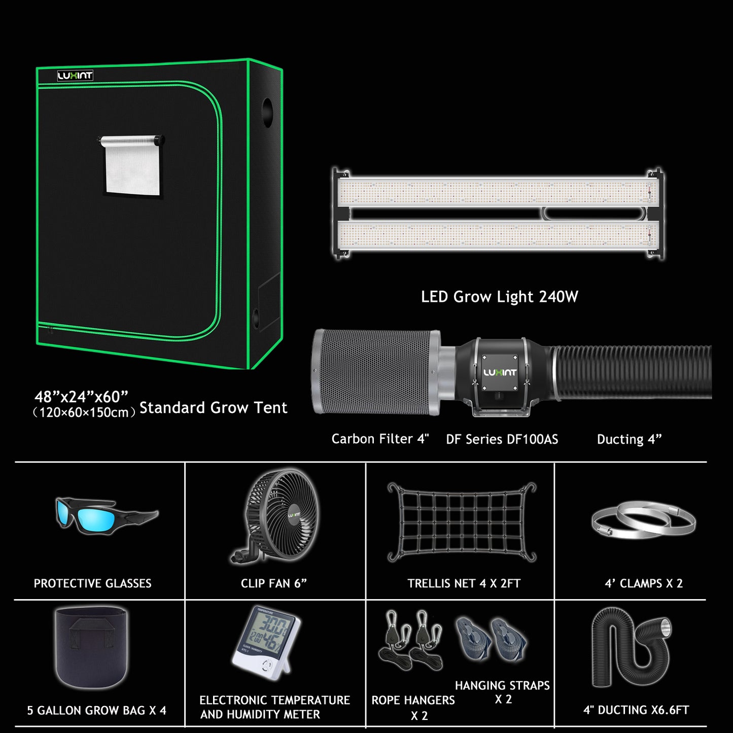 4x2ft Grow Tent Complete Kit – 240W Samsung LED Grow Light, 4" EC Fan & Carbon Filter, App-Compatible | LUXINT