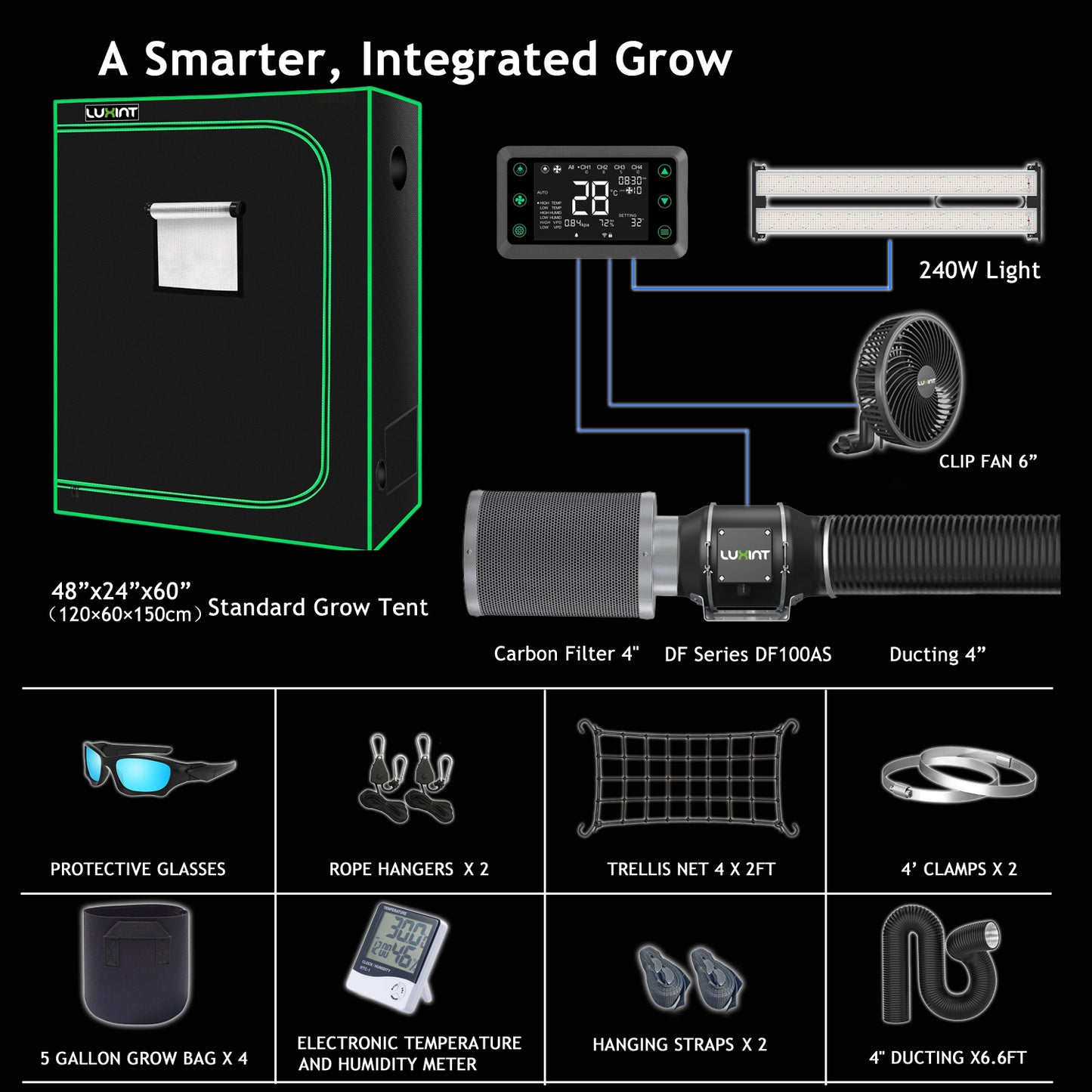 Smart Grow Tent Complete Kit 4x2ft – 2-Plant Kit, WiFi-Integrated Automatic Grow System with Full Spectrum LED Grow Light, Efficient Ventilation System + Controller