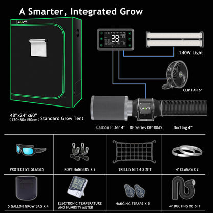 Smart Grow Tent Complete Kit 4x2ft – 2-Plant Kit, WiFi-Integrated Automatic Grow System with Full Spectrum LED Grow Light, Efficient Ventilation System + Controller