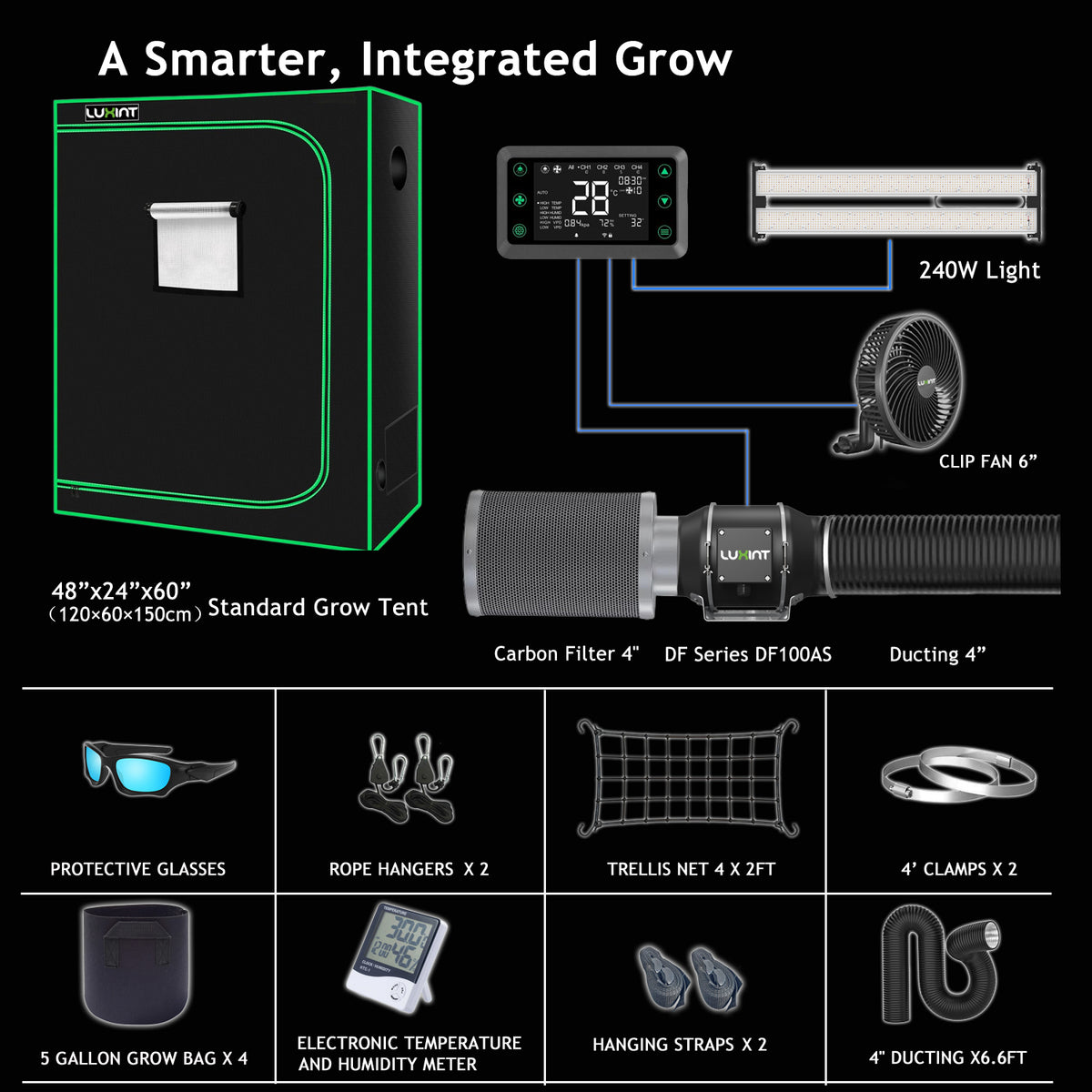 LUXINT 4x2 Smart Grow Tent Kit – 240W LED,Smart Controller, Ventilation System