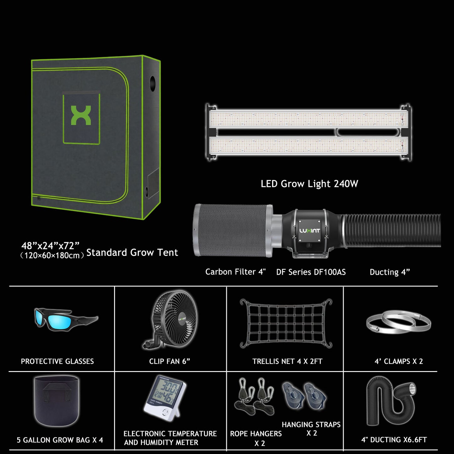 Starter Grow Tent Complete Kit 4x2ft – 2-Plant Kit, 4" EC Inline Duct Fan & Carbon Filter Knob control  | LUXINT