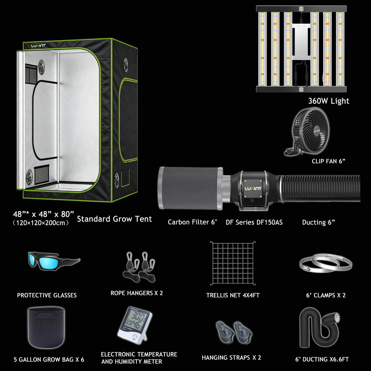 LUXINT 4x4 Starter Grow Tent Kit – 360W LED, 6" Inline Fan & Carbon Filter for Beginners