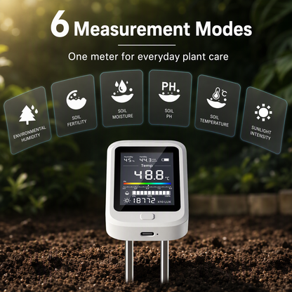 6-in-1 Digital Soil pH Tester Type C Rechargeable Moisture Light Temp Fertility Meter for Plants & Garden Monitoring