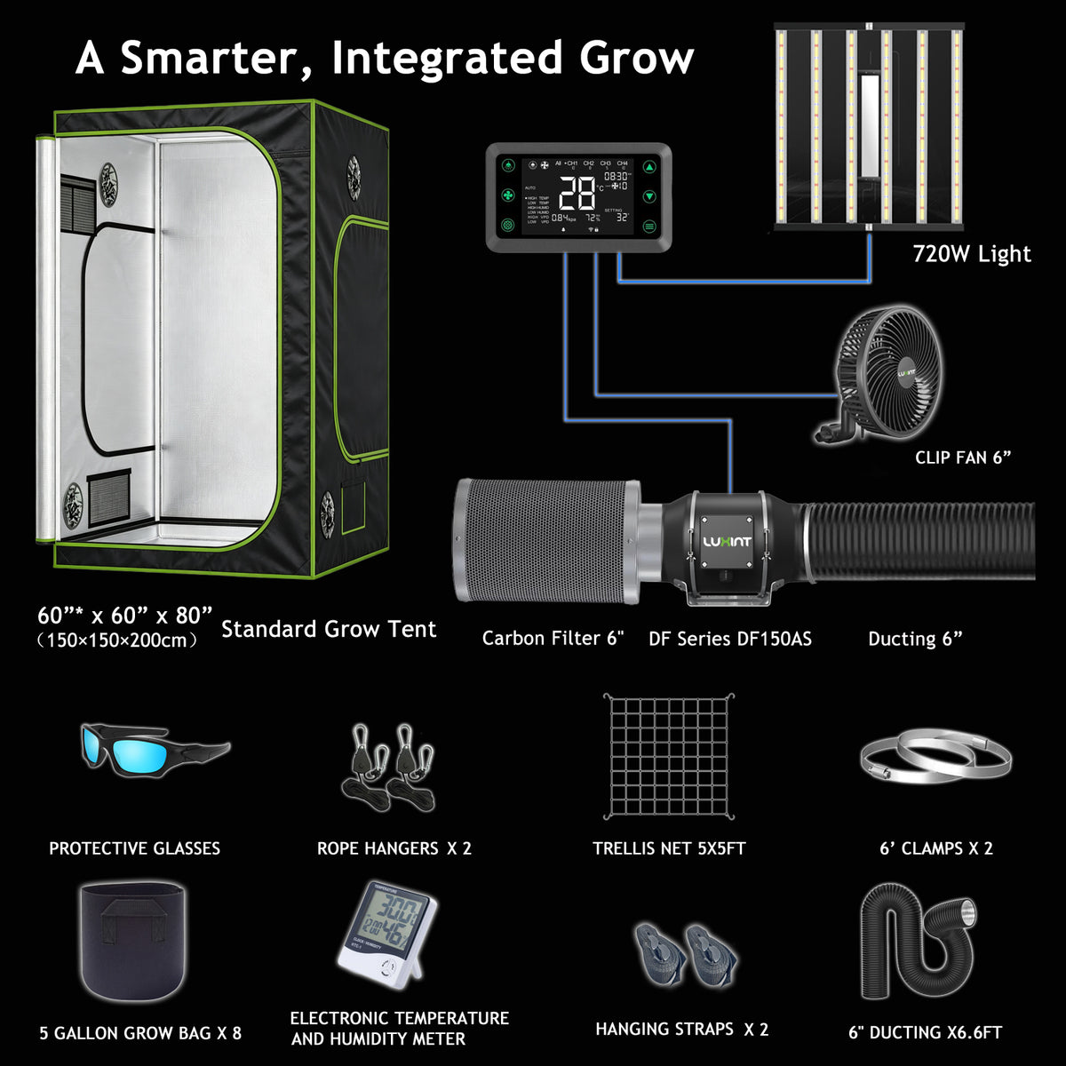 LUXINT 5x5 Smart Grow Tent Kit – 480W LED, Smart Controller, Ventilation System Included