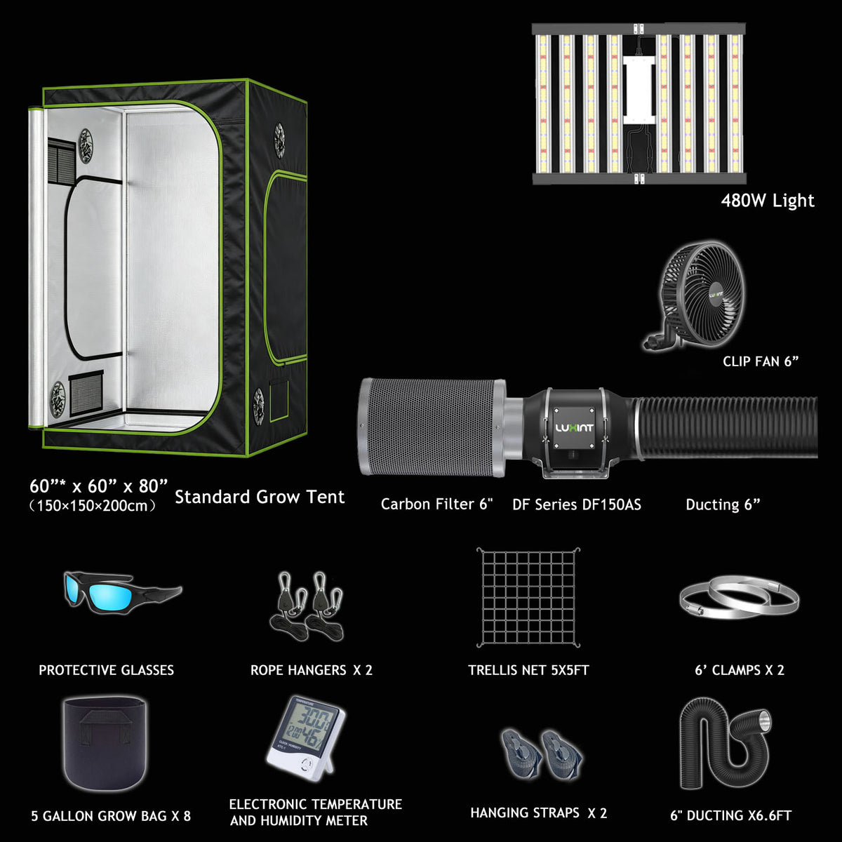 LUXINT 5x5 Starter Grow Tent Kit – 480W LED, 6" Inline Fan & Carbon Filter for Indoor Growing