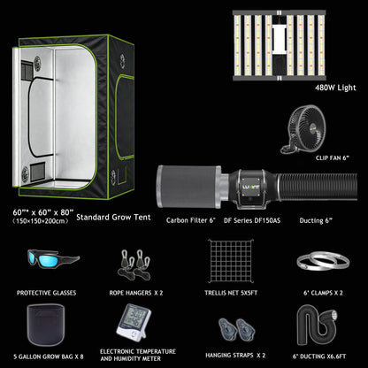 LUXINT 5x5 Starter Grow Tent Kit – 480W LED, 6" Inline Fan & Carbon Filter for Indoor Growing