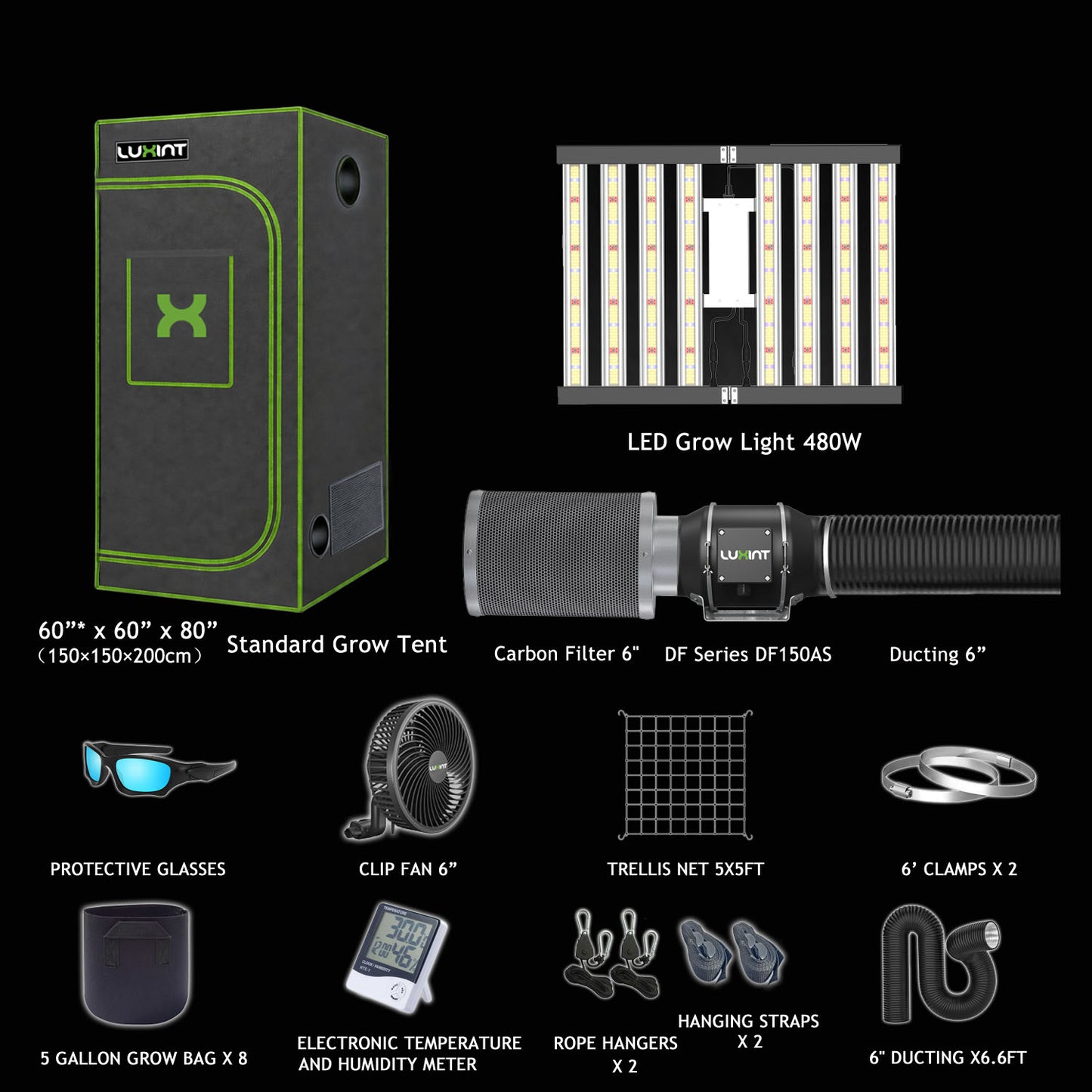 LUXINT 5x5 Starter Grow Tent Kit – 480W LED, 6" Inline Fan & Carbon Filter for Indoor Growing