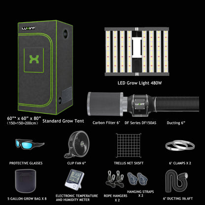 LUXINT 5x5 Starter Grow Tent Kit – 480W LED, 6" Inline Fan & Carbon Filter for Indoor Growing