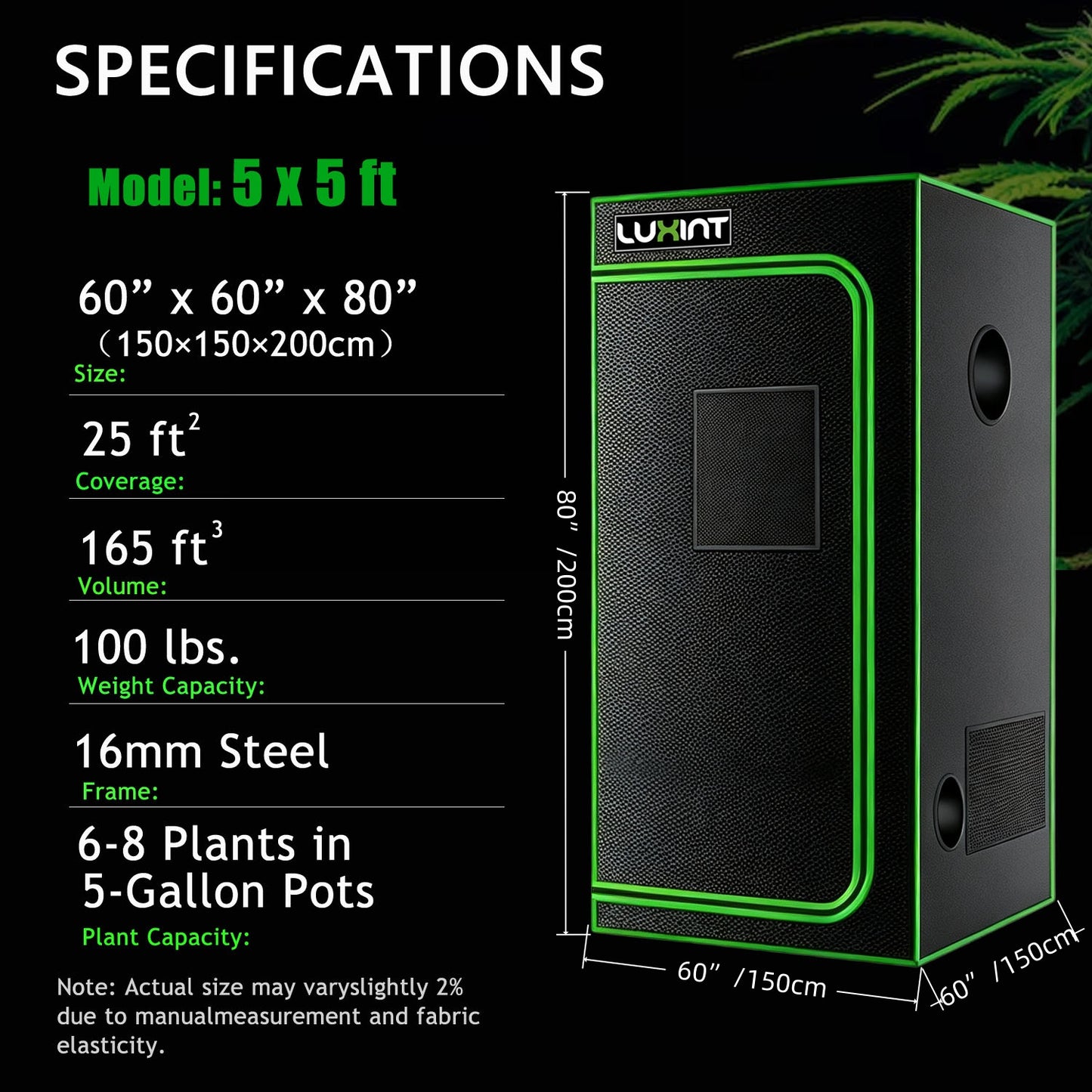 Grow Tent 5x5, 6-10 Plants Use, 600D Light-proof Oxford, 60″ x 60″ x 80″, For Indoor Plants Growing