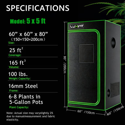 Grow Tent 5x5, 6-10 Plants Use, 600D Light-proof Oxford, 60″ x 60″ x 80″, For Indoor Plants Growing