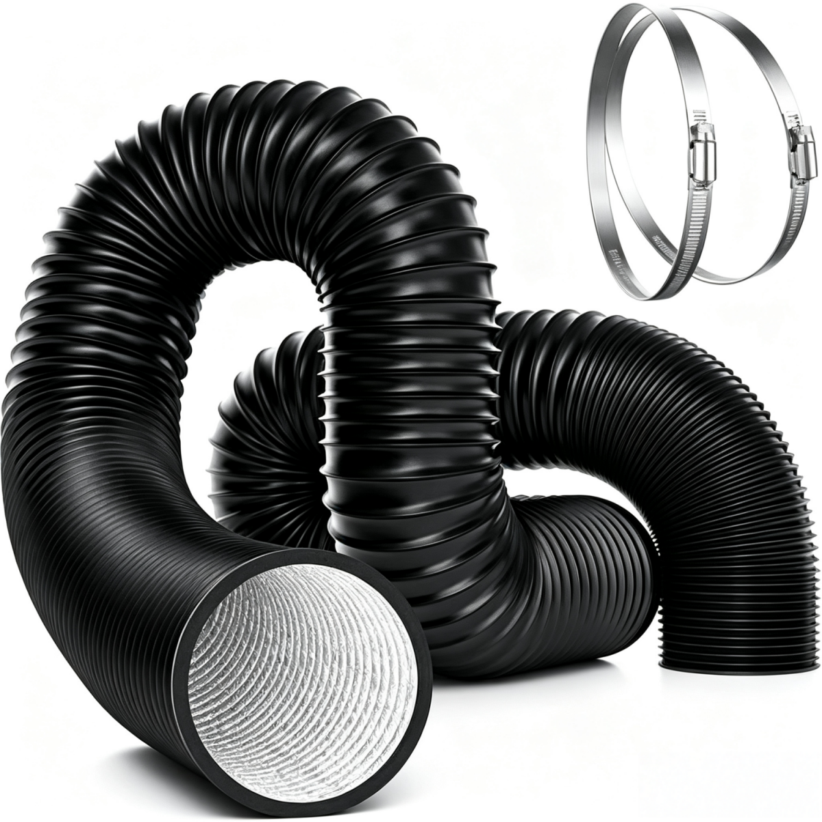 4/6/8 Inch Black Non-Insulated Flex Air Aluminum Ducting, With Two Stainless Steel Clamps