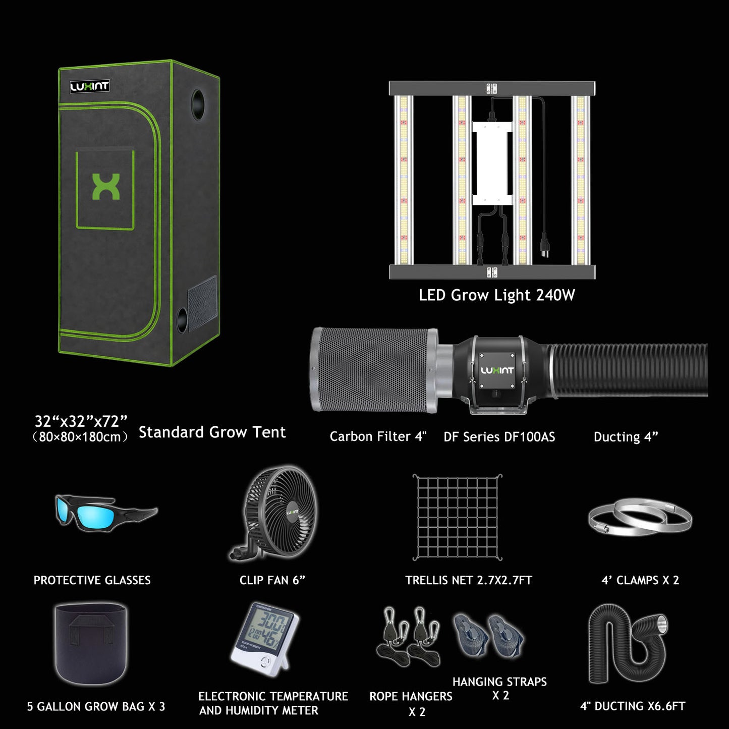 LUXINT 2.7x2.7 Starter Grow Tent Kit – 240W LED, 4" Fan & Carbon Filter for Beginners