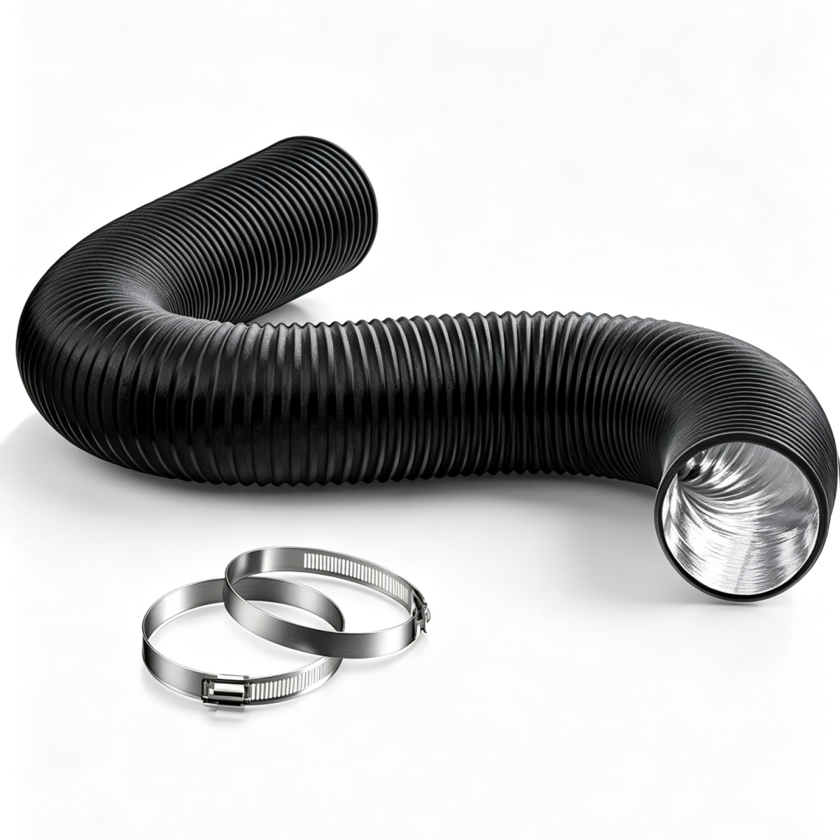 4/6/8 Inch Black Non-Insulated Flex Air Aluminum Ducting, With Two Stainless Steel Clamps