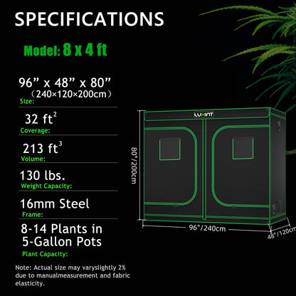 Grow Tent 8x4, 8-14 Plants Use, 600D Light-proof Oxford, 96″ x 48″ x 80″, For Indoor Plants Growing