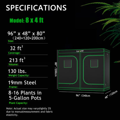 LUXINT 8x4 Grow Tent – 600D Oxford, 96"x48"x80", 8-16 Plants, Indoor Growing