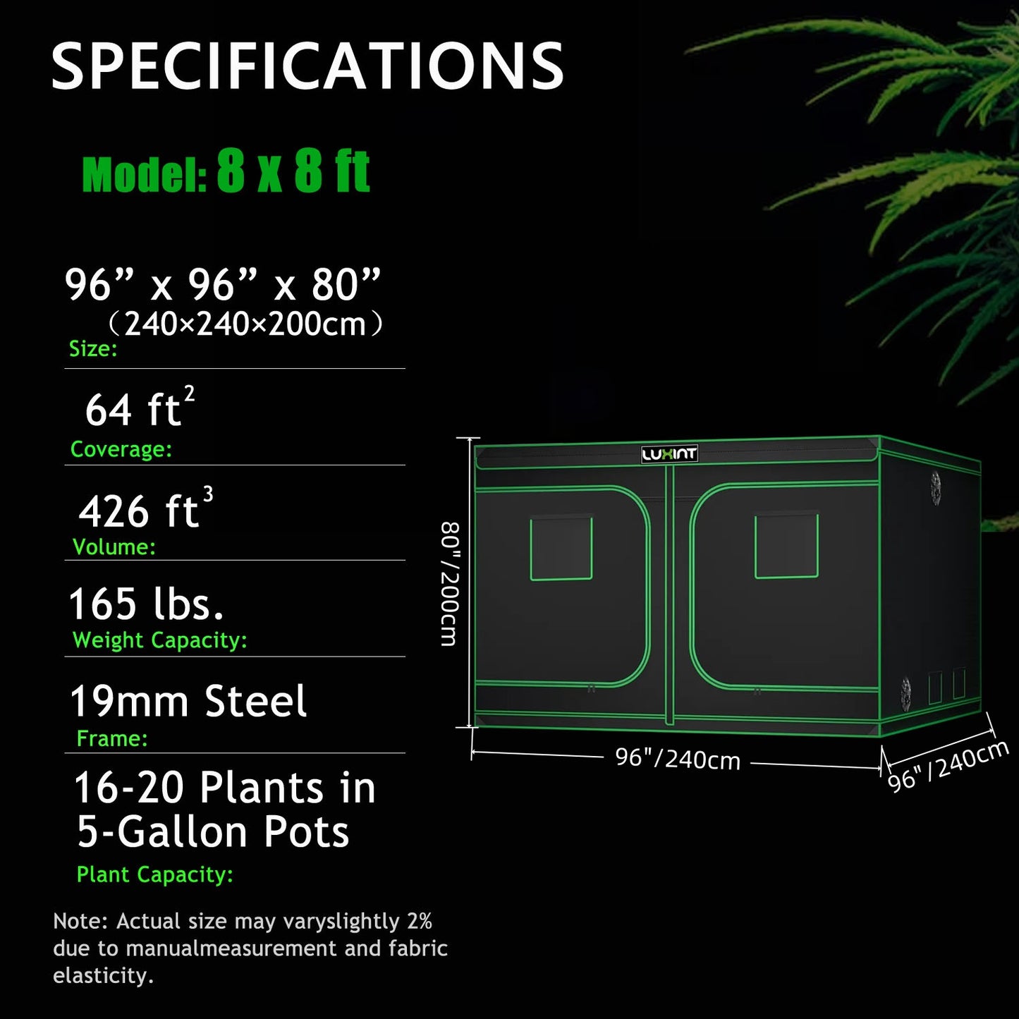 Grow Tent 8x8, 16-20 Plants Use, 600D Light-proof Oxford, 96″ x 96″ x 80″, For Indoor Plants Growing