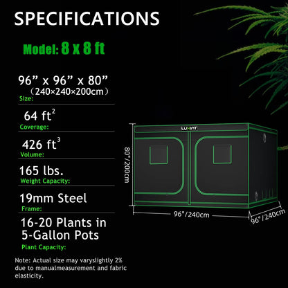 Grow Tent 8x8, 16-20 Plants Use, 600D Light-proof Oxford, 96″ x 96″ x 80″, For Indoor Plants Growing