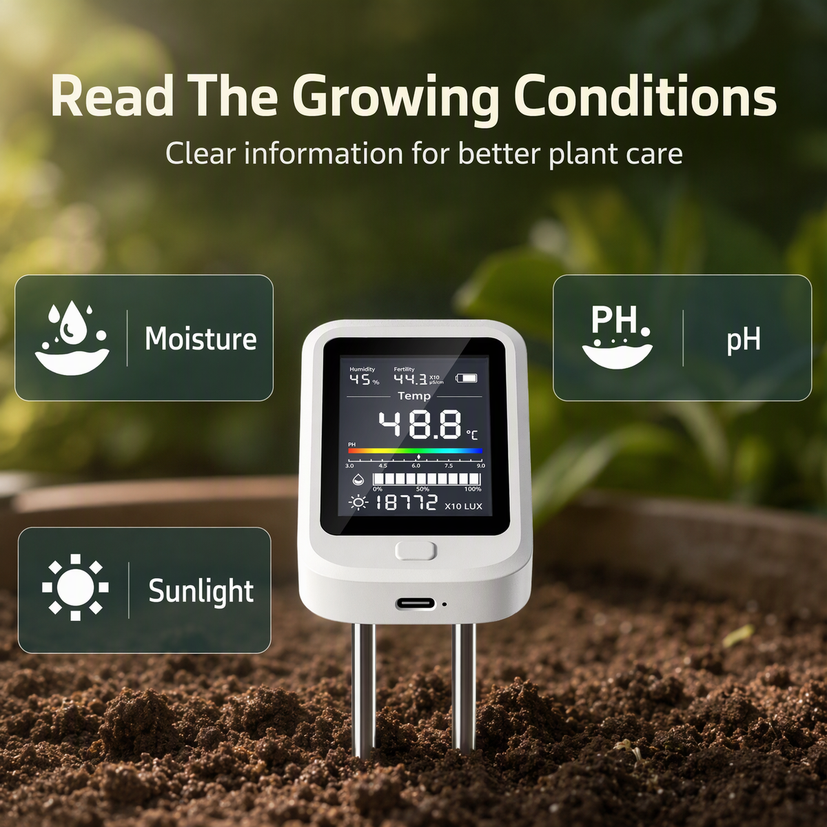 6-in-1 Digital Soil pH Tester Type C Rechargeable Moisture Light Temp Fertility Meter for Plants & Garden Monitoring