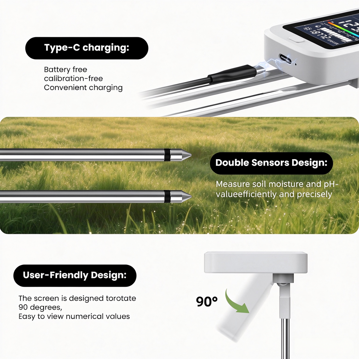 6-in-1 Digital Soil pH Tester Type C Rechargeable Moisture Light Temp Fertility Meter for Plants & Garden Monitoring