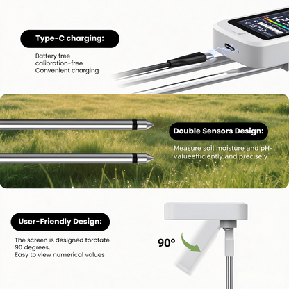 6-in-1 Digital Soil pH Tester Type C Rechargeable Moisture Light Temp Fertility Meter for Plants & Garden Monitoring