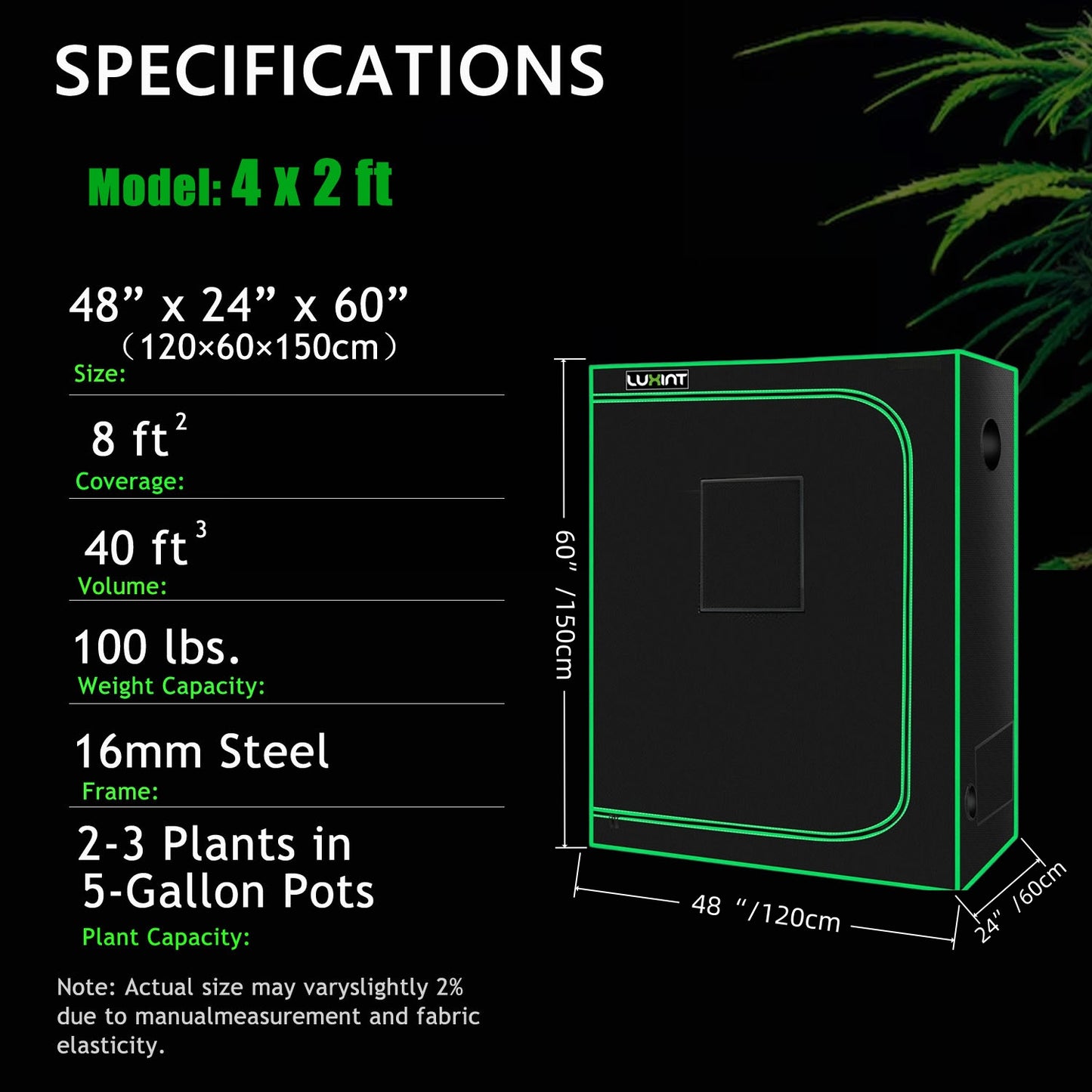Grow Tent 4x2, 2-4 Plants Use, 600D Light-proof Oxford, 48″ x 24″ x 60″, For Indoor Plants Growing