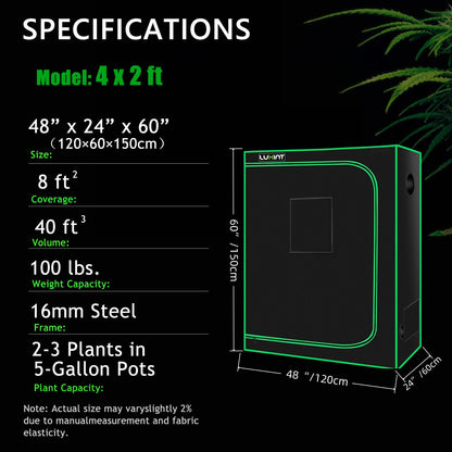 Grow Tent 4x2, 2-4 Plants Use, 600D Light-proof Oxford, 48″ x 24″ x 60″, For Indoor Plants Growing
