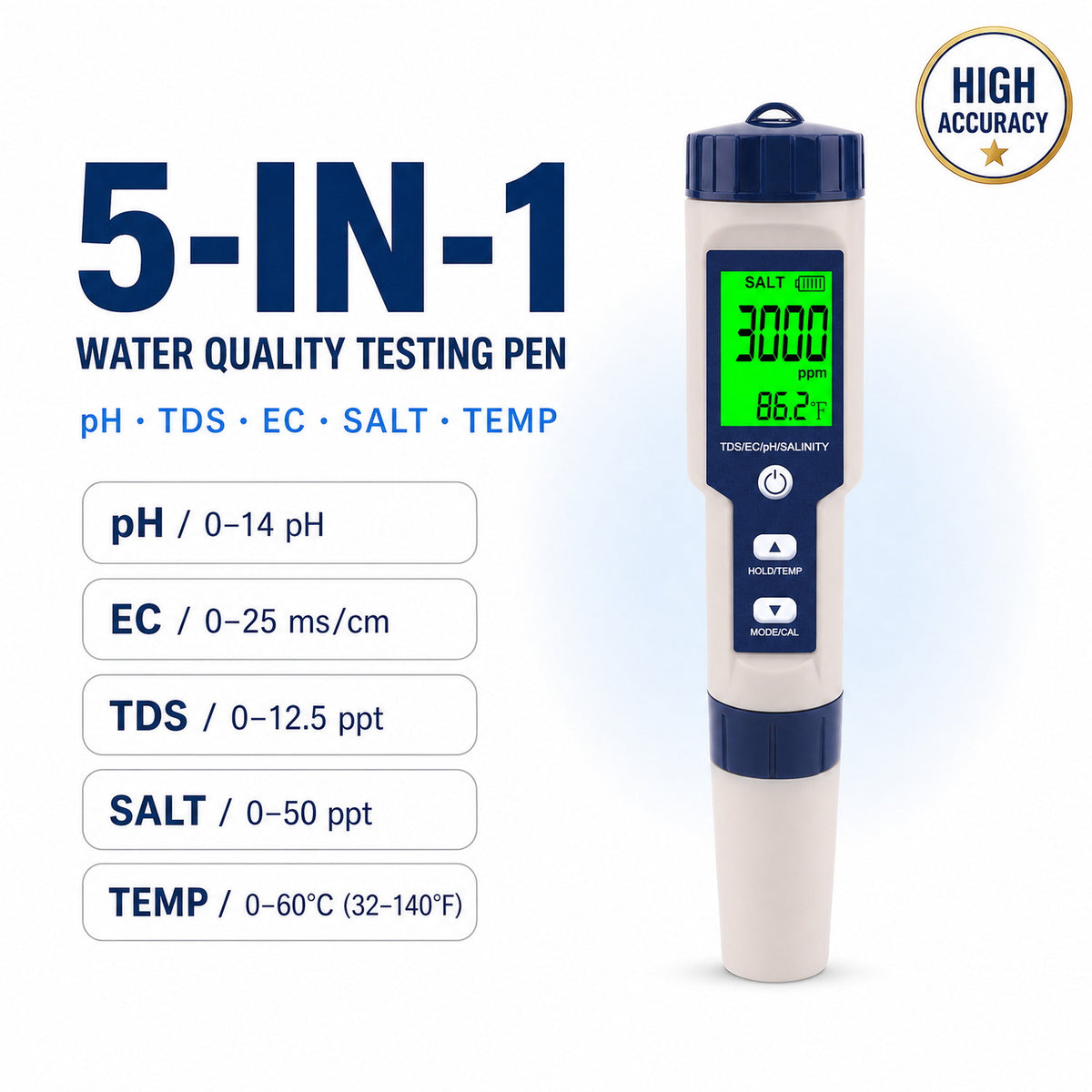 5-in-1 Digital PH Meter with Salinity/TDS/EC/Temperature Function for Hydroponic Cultivation Plants Growing