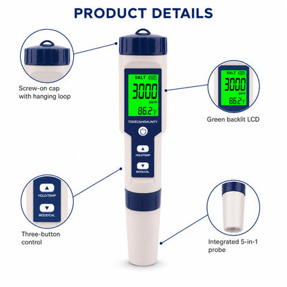 5-in-1 Digital PH Meter with Salinity/TDS/EC/Temperature Function for Hydroponic Cultivation Plants Growing