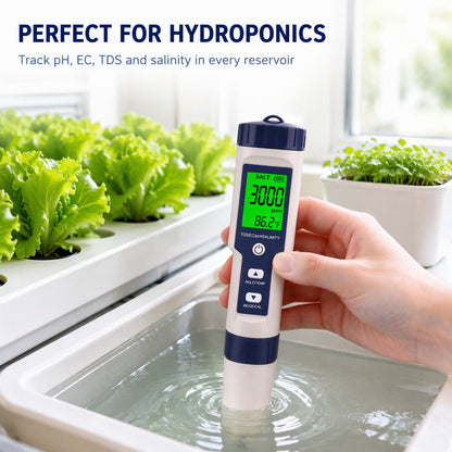 5-in-1 Digital PH Meter with Salinity/TDS/EC/Temperature Function for Hydroponic Cultivation Plants Growing