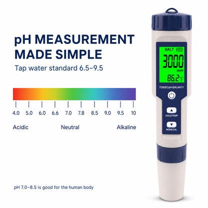 5-in-1 Digital PH Meter with Salinity/TDS/EC/Temperature Function for Hydroponic Cultivation Plants Growing