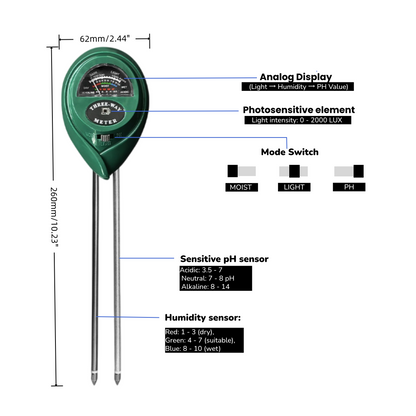 Close-up of soil ph tester probe, portable soil tester for home garden use.